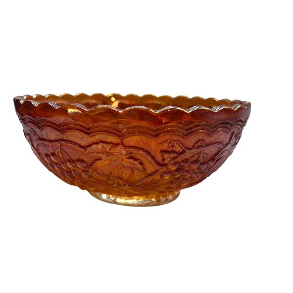 Antique Fenton Marigold Iridescent Carnival Glass Bowl With Grape & Leaf Design - Picture 9 of 12
